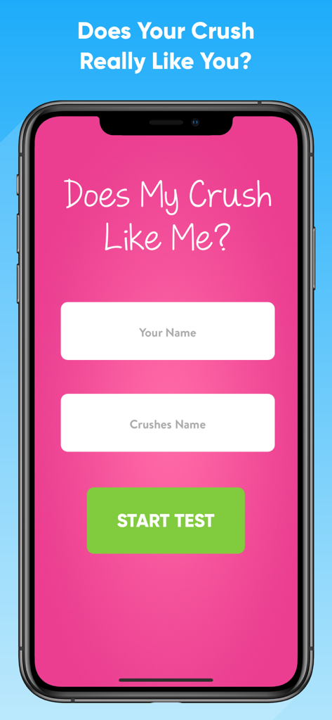 How Much Does My Crush Like Me - Startbildschirm der App 'Wie sehr mag mich mein Schwarm' mit Namenseingabefeldern und einer Schaltfläche zum Starten des Tests
