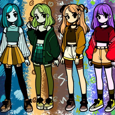 one girl with crop-top shirt and a jacket with a skirt, long socks and another girl with a shirt and pants with a jacket