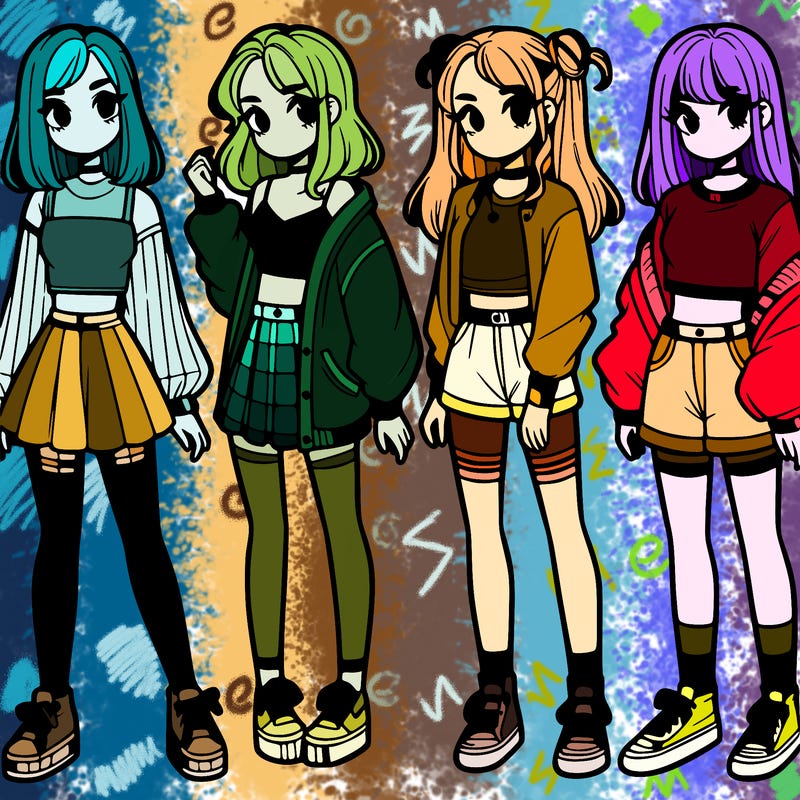 one girl with crop-top shirt and a jacket with a skirt, long socks and another girl with a shirt and pants with a jacket