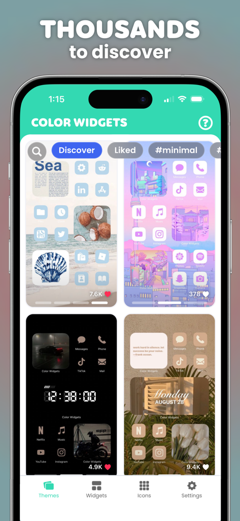 Color Widgets app gallery showing various aesthetic home screen themes for iPhone