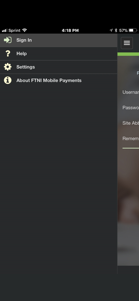 ETran Mobile Payments - A screenshot showing the navigation side menu of the ETran Mobile Payments app with links for Sign In, Help, Settings, and About.