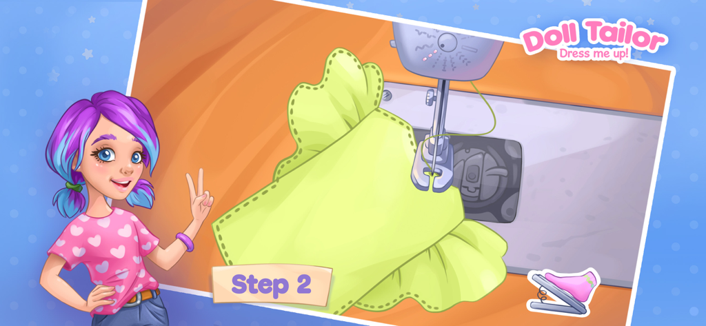 Sewing Games Fashion Dress Up - Uma personagem de desenho animado fazendo um sinal de paz ao lado de uma máquina de costura virtual costurando tecido verde limão.