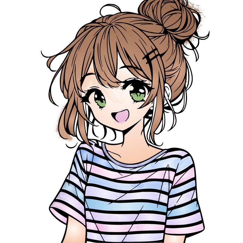 anime girl teenager striped shirt and smile and messy bun