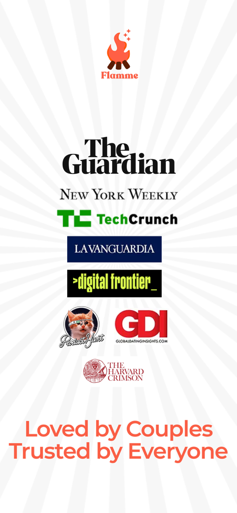 Flamme: Cozy Couples App - Logos of major media outlets including TechCrunch and The Guardian that have featured the Flamme cozy couples app.