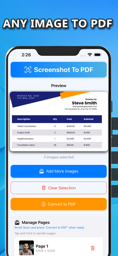 Interfaz de la aplicación móvil mostrando una vista previa de una factura y botones para agregar más imágenes o convertir a PDF.