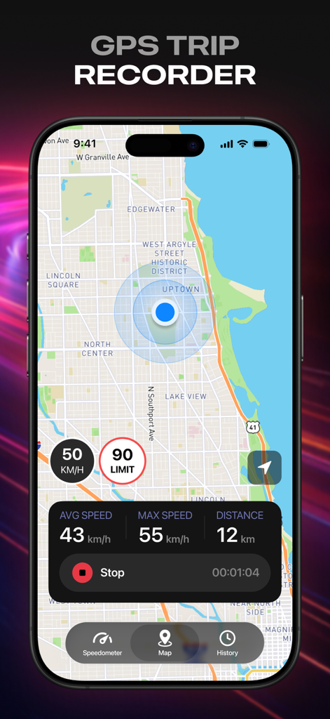 Speedometer GPS - MPH Tracker - Speedometer GPS app map view showing real-time speed tracking and trip statistics