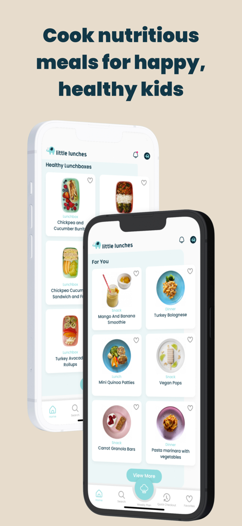 Pantallas de la aplicación Little Lunches que muestran comidas y refrigerios nutritivos para niños.