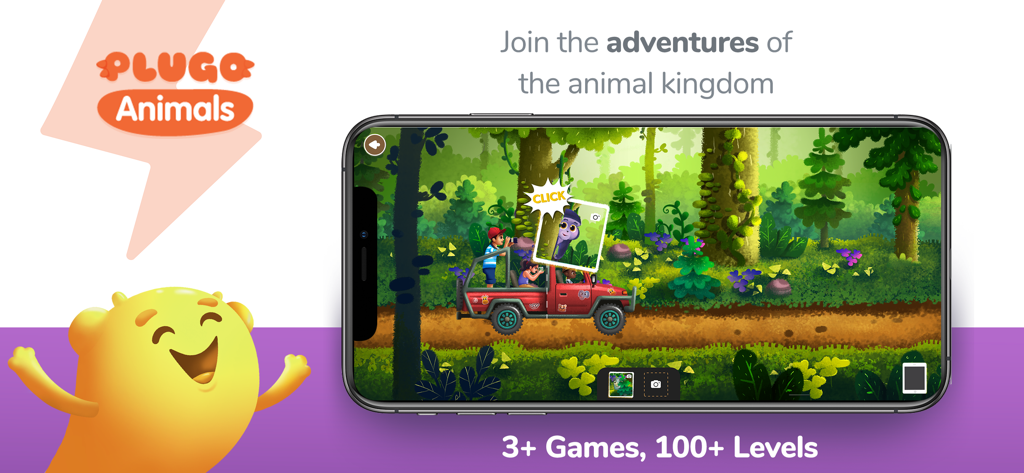 Un smartphone affichant un jeu d'aventure safari dans la jungle de l'application Plugo Animals avec des personnages dans un camion rouge