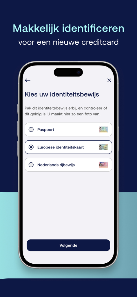 Pantalla de la aplicación móvil que muestra el proceso de verificación de identidad para una nueva tarjeta de crédito ICS con opciones de pasaporte, tarjeta de identificación o licencia de conducir.