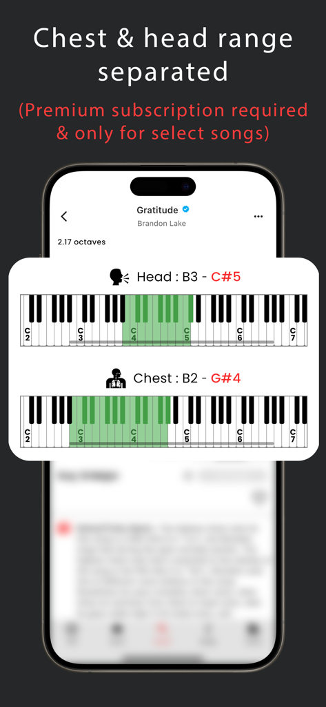 보컬 게이지 앱이 노래의 가상 피아노 건반에 별도의 흉성 및 두성 음역대를 보여주는 모습