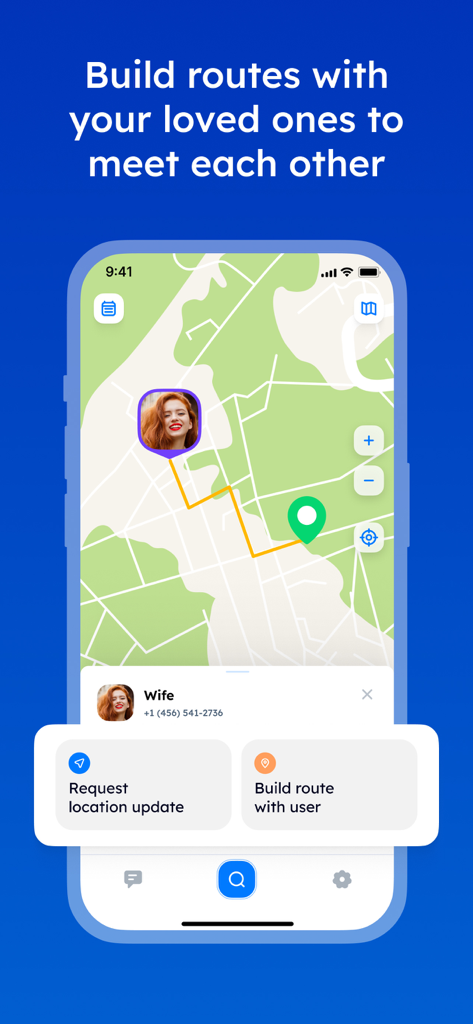 Map interface showing a built route to a family member's location in the Phone Locator 360 app