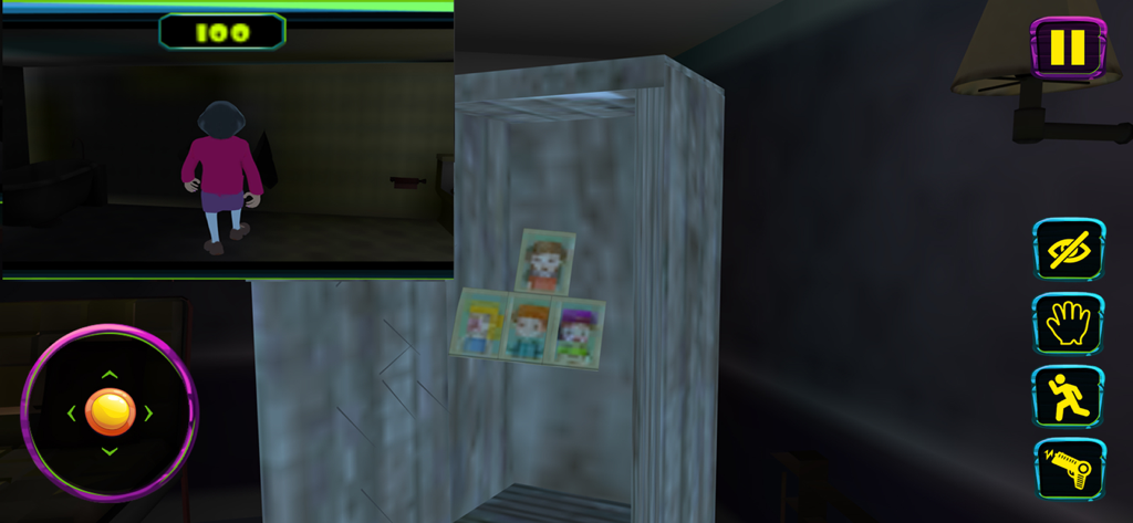 Gameplay-Screenshot von Scary Teacher 3D, der einen Schrank mit Fotos von Kindern und eine Mini-Kartenansicht von Miss T zeigt
