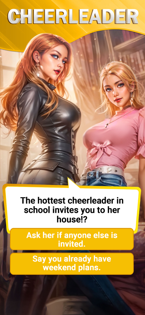 Scripts: Episode & Choices - Una captura de pantalla de la aplicación Scripts que muestra a dos personajes femeninos y una elección narrativa sobre ser invitado a la casa de una animadora.