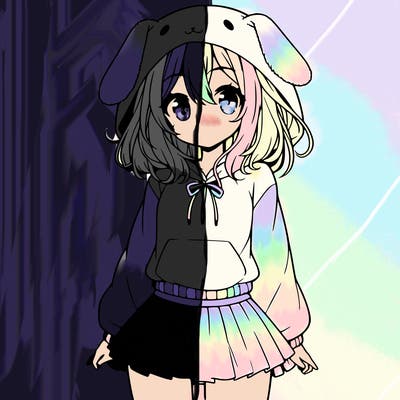 pretty anime girl wearing a fluffy hoodie with bunny ears on the hood and a skirt