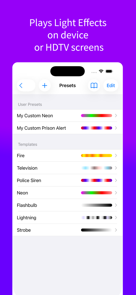 pCAM Pro - Film+Digital - 불, 텔레비전, 경찰 사이렌을 포함한 조명 효과 사전 설정 목록을 표시하는 pCAM Pro 앱 스크린샷