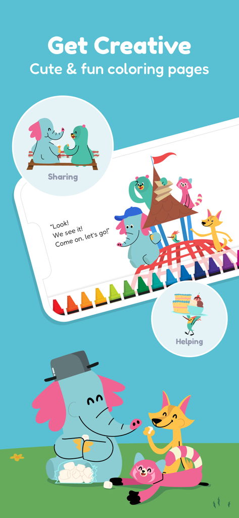 Khan Academy Kids - Khan Academy Kids app screen showing digital coloring pages and social emotional learning themes like sharing and helping.