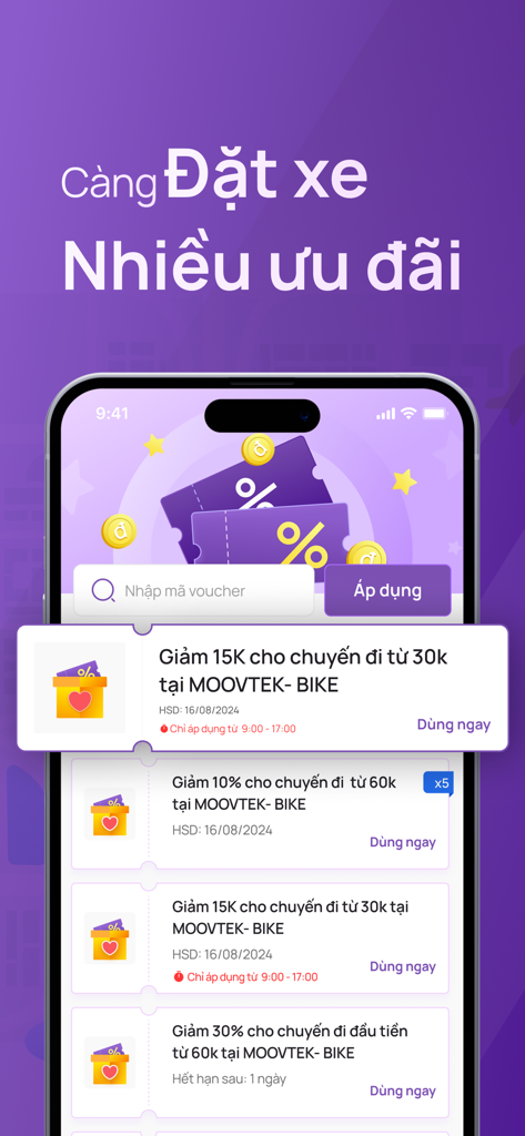 MOOVTEK - Pantalla de la aplicación MOOVTEK mostrando varios vales de descuento y códigos promocionales para viajes en vietnamita