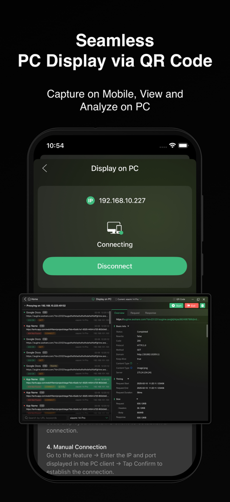 Packet Capture Pro: HTTPS - La interfaz de Packet Capture Pro mostrando el análisis de tráfico de red móvil sincronizado a una pantalla de PC