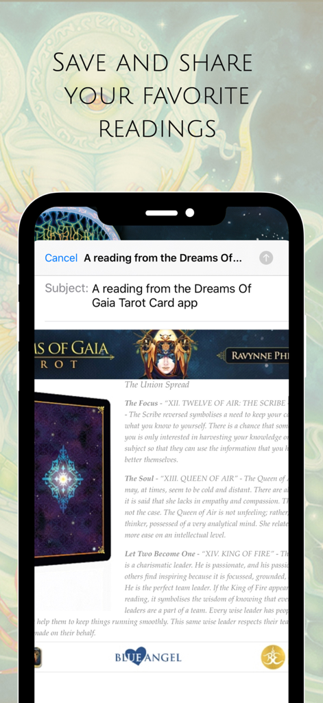 Dreams of Gaia Tarot - Interface of the Dreams of Gaia Tarot app showing a feature to save and share readings via email