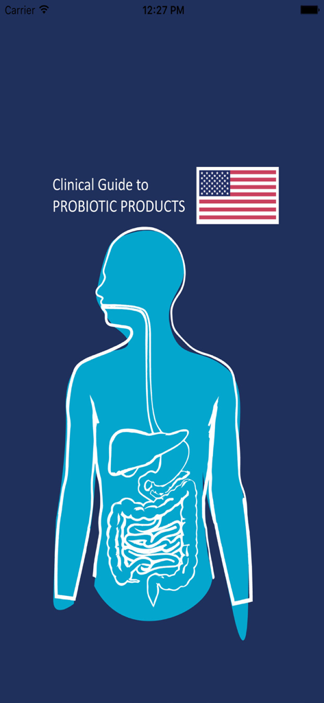 Tela inicial do aplicativo Probiotic Guide USA com ilustração do sistema digestivo humano e a bandeira dos EUA