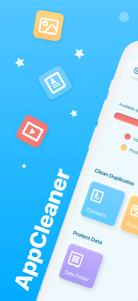 AppCleaner - Clean Storage - Interface of AppCleaner showing tools for cleaning duplicates and protecting data with a safe folder