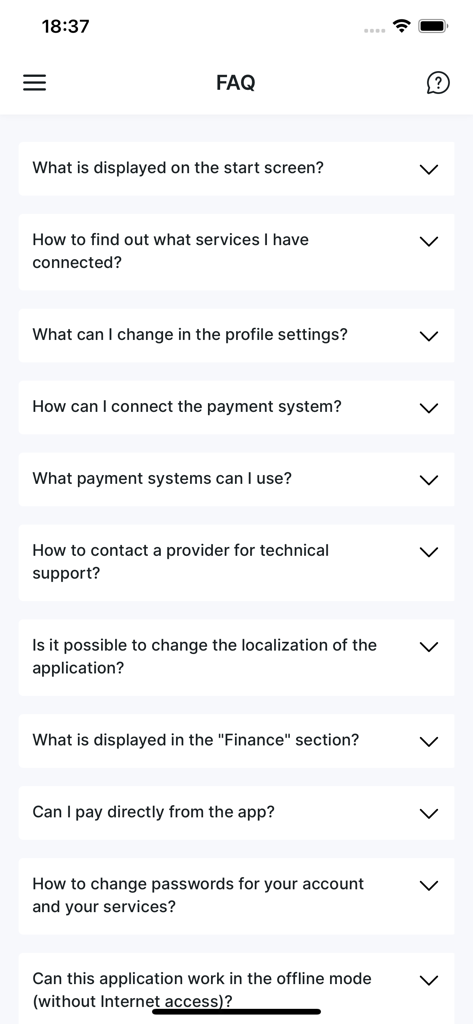 MyISP Portal - FAQ screen in the MyISP Portal app showing common support questions for ISP customers