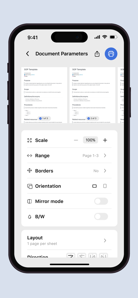 Interface for adjusting document print parameters such as scale range and orientation