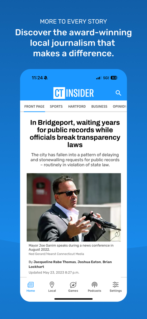 CT Insider - 브리지포트와 Joe Ganim 시장에 관한 지역 뉴스 기사 헤드라인을 특징으로 하는 CT Insider 모바일 앱 스크린샷
