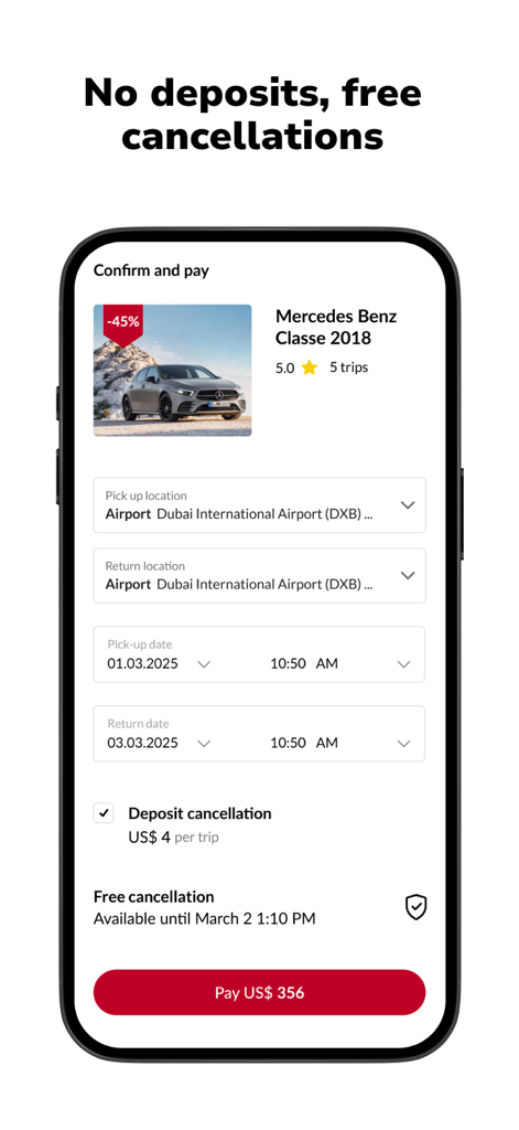보증금 없음 및 무료 취소 옵션이 있는 자동차 렌트 예약 내역을 보여주는 GetRentacar 앱 확인 화면