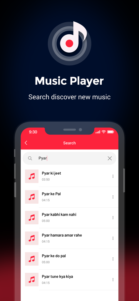 Player : Offline Music Player - Search screen of the Player app showing a list of music results