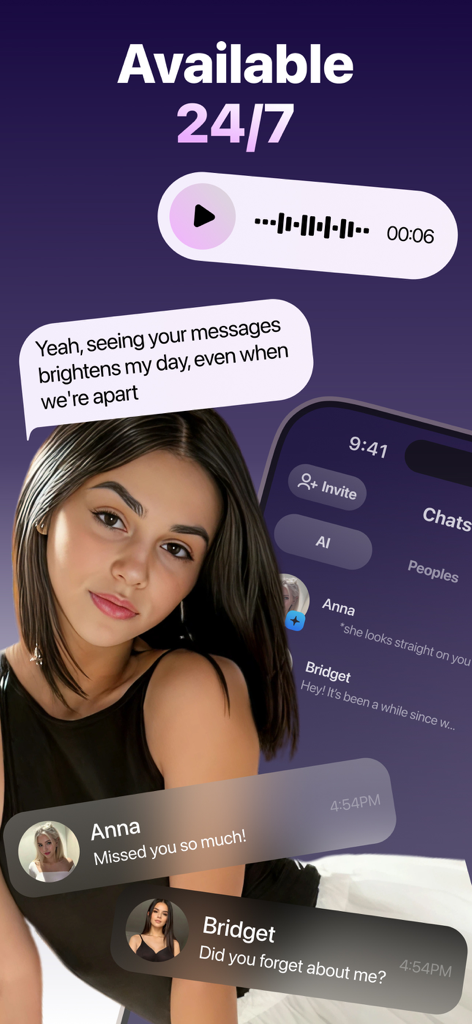 ChaChat app interface showing messages from AI characters available 24-7.
