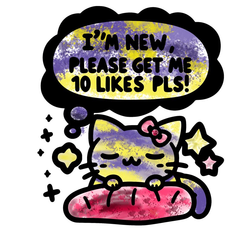 kitty taking a nap dream talking and saying "i'm new, please get me at least 10 likes pls!!"