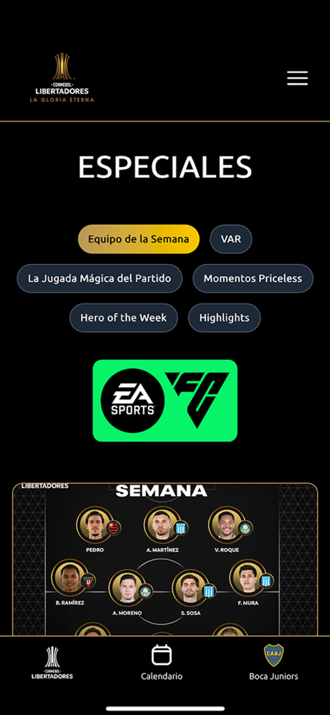 CONMEBOL Libertadores - Sección de especiales de la aplicación móvil CONMEBOL Libertadores mostrando el equipo de la semana y las alineaciones de jugadores de fútbol destacados