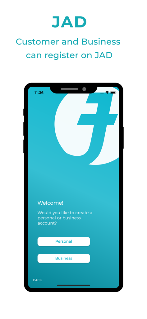 JAD Cash - JAD Cash app welcome screen with personal and business account registration options