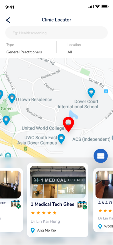 地図上に医療提供者とクリニックの評価が表示されたMHC BetterHealthアプリのクリニックロケーターインターフェース