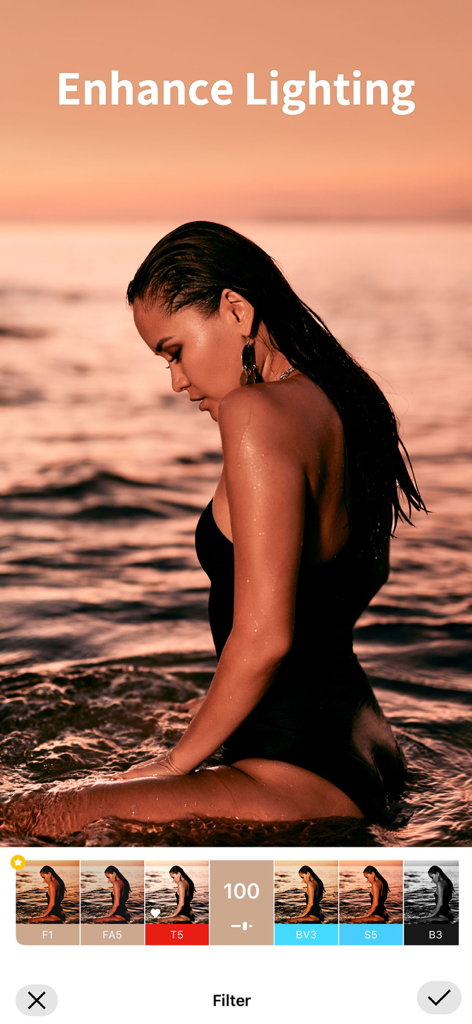 BodyApp- Best Body Editor - Screenshot of BodyApp showing the enhance lighting feature with sunset filters on a beach photo