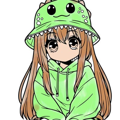 girl with anime shaped eyes with a dinosaur bucket hat oversized sweatshirt long straight hair