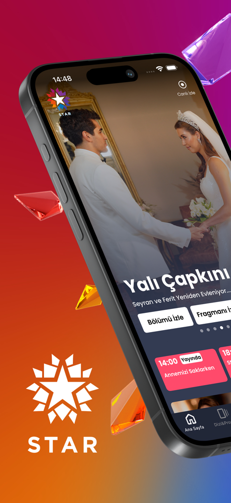 Star TV 모바일 앱 인터페이스, 터키 드라마 Yali Capkini를 표시하고 시청 및 예고편 버튼이 있음