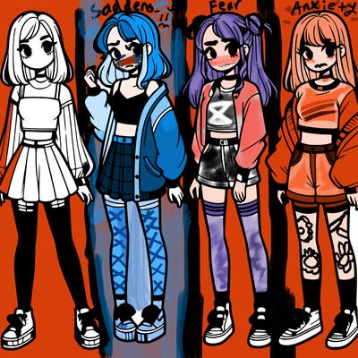 one girl with crop-top shirt and a jacket with a skirt, long socks and another girl with a shirt and pants with a jacket