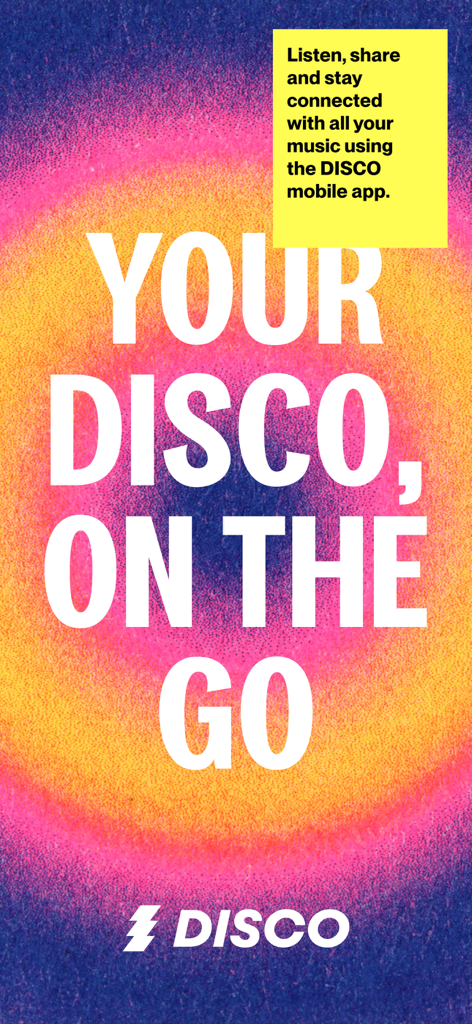 DISCO Music Management - Promotional graphic for the DISCO music management mobile app featuring the text Your DISCO on the go