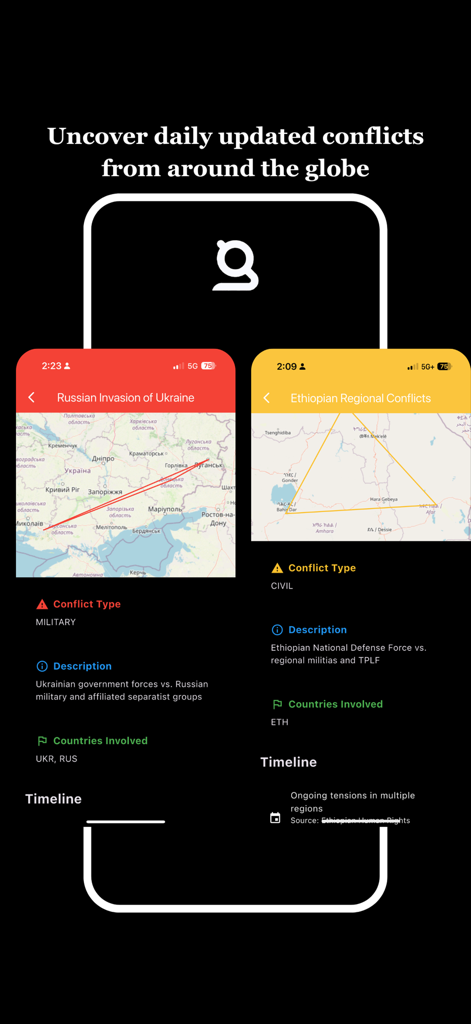 GeoFront - GeoFront app screens showing daily updated global conflicts with maps and detailed summaries for military and civil events.