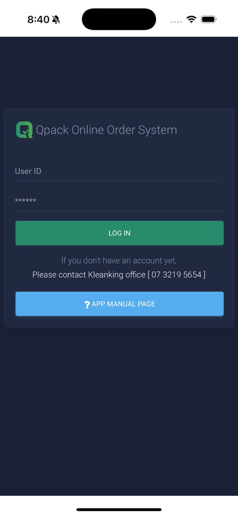 Qpack - Login screen for the Qpack Online Order System mobile application