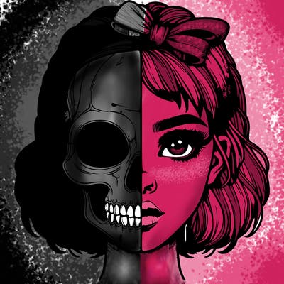 realistic girl with half skull mask