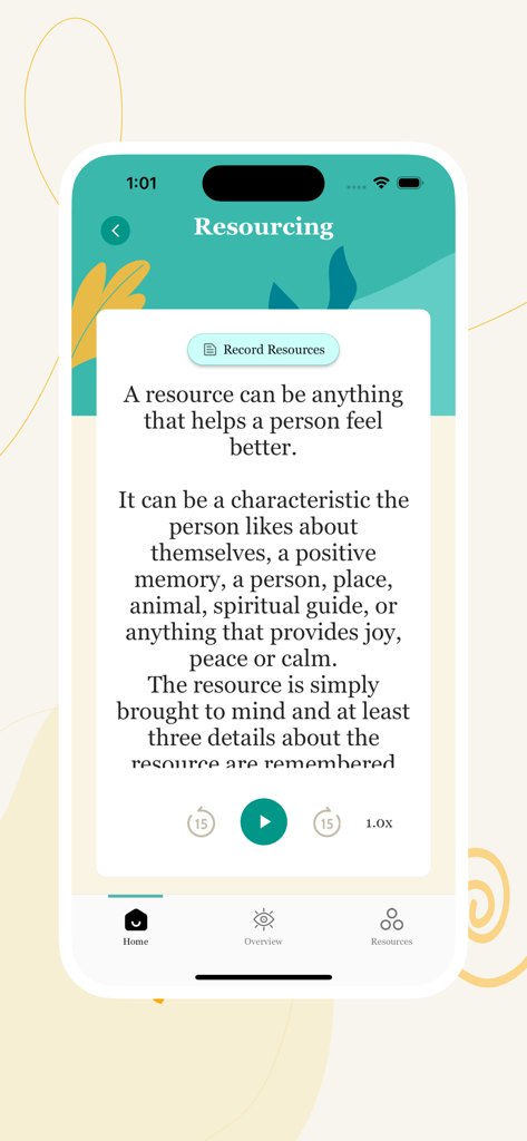 iChill app interface displaying the Resourcing wellness skill explanation with audio playback controls.