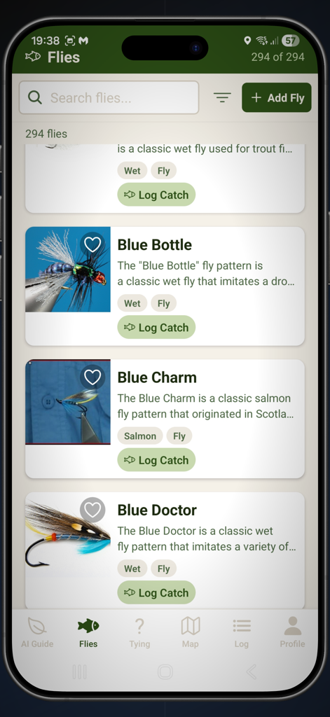 Fly Guide By HookedOnFlies - Mobile app interface showing a searchable database of fly fishing patterns with descriptions and catch logging buttons.