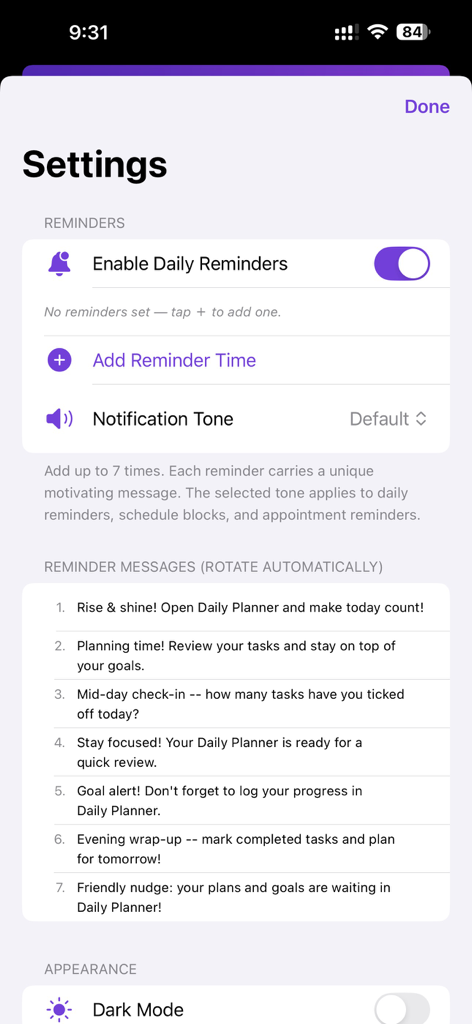 Daily Planner - My Day - Daily Planner settings screen showing customizable daily reminders and motivational message rotation list.