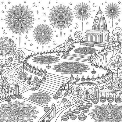 Immerse yourself in the festive spirit of Diwali with this stunning coloring page set on an elevated plateau. Adorn intricate rangoli patterns, shimmering diyas, and celebratory fireworks to bring this joyful scene to life.