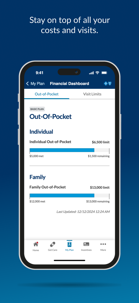 fepblue - fepblue app screen showing out-of-pocket costs and progress bars for individual and family insurance plans