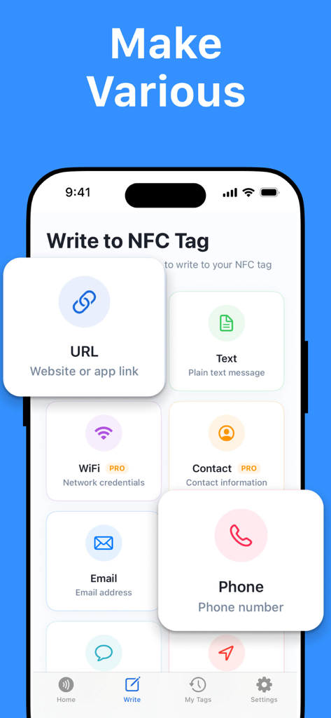 NFC Tools: Tag Writer, Reader - Interface for writing various data types including URL text WiFi and contacts to NFC tags