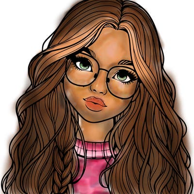 girl with long hair and freckles and glasses realistic